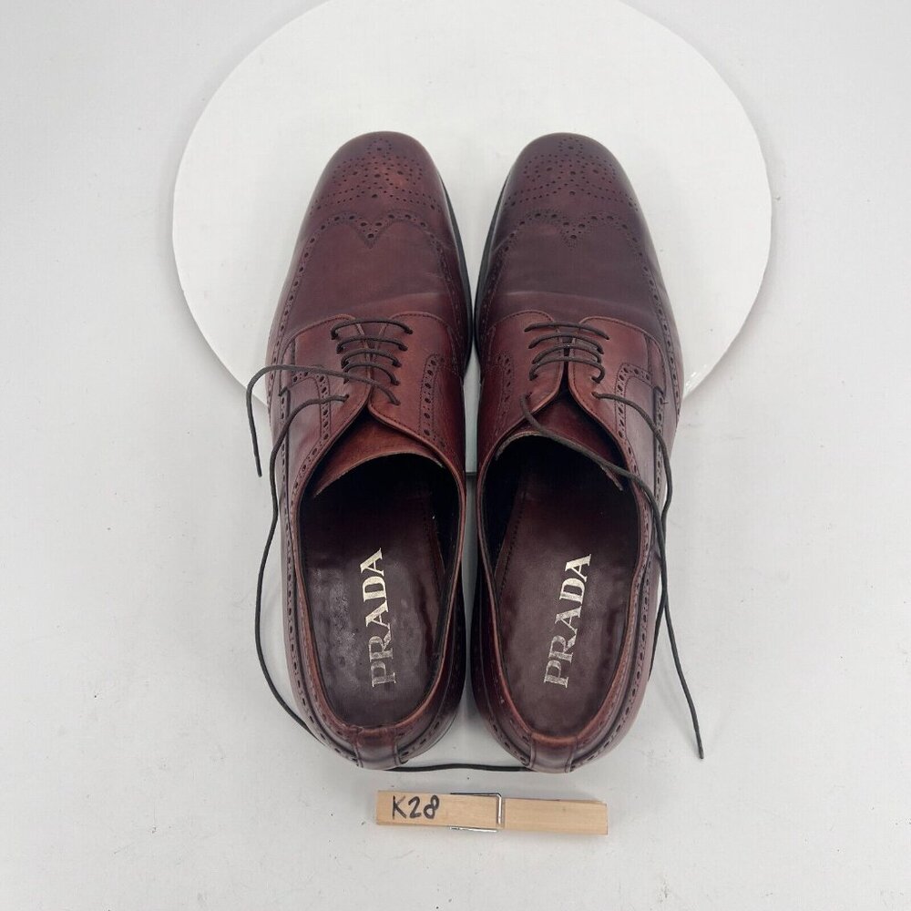 Prada Milano Men Size 9.5 Brown Perforated Leather Wingtip Derby Dress Shoes - Picture 13 of 16
